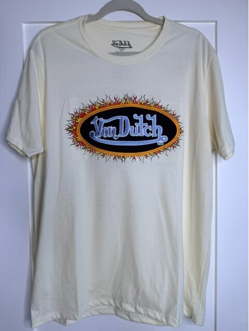 Von Dutch Men's T Shirt Cream Flame Logo Graphic Tee Y2K Kustom Kulture